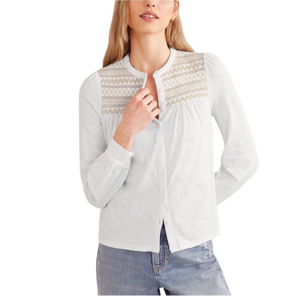 Boden White Smocked Yolk Embroidered Long Sleeve Shirt Cotton Tencel Blend | 6